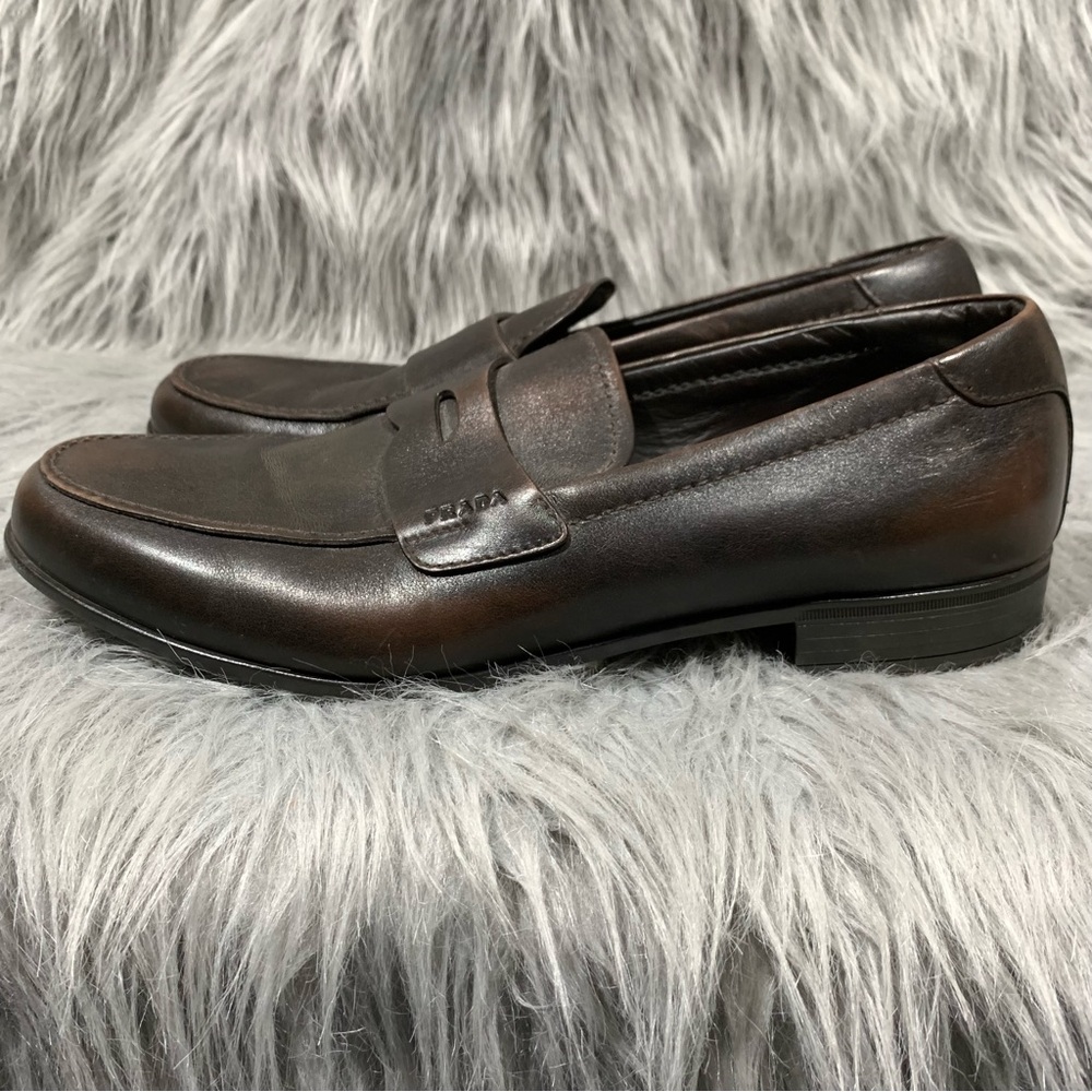 Prada Men's 2DC213 Brown Brushed Spazzolato Leather Penny Loafer Business Shoes - Picture 8 of 12